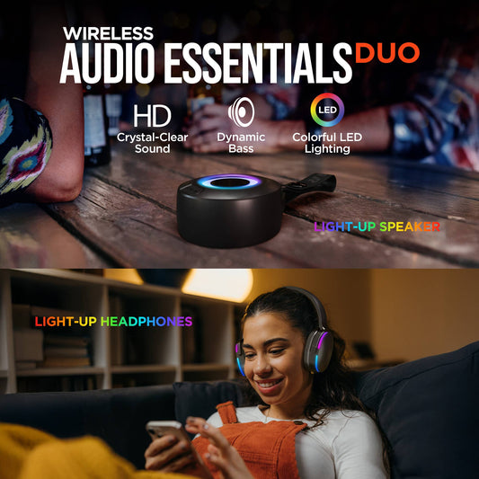 HyperGear Light-Up Speaker + Wireless Headphones Bundle – Black