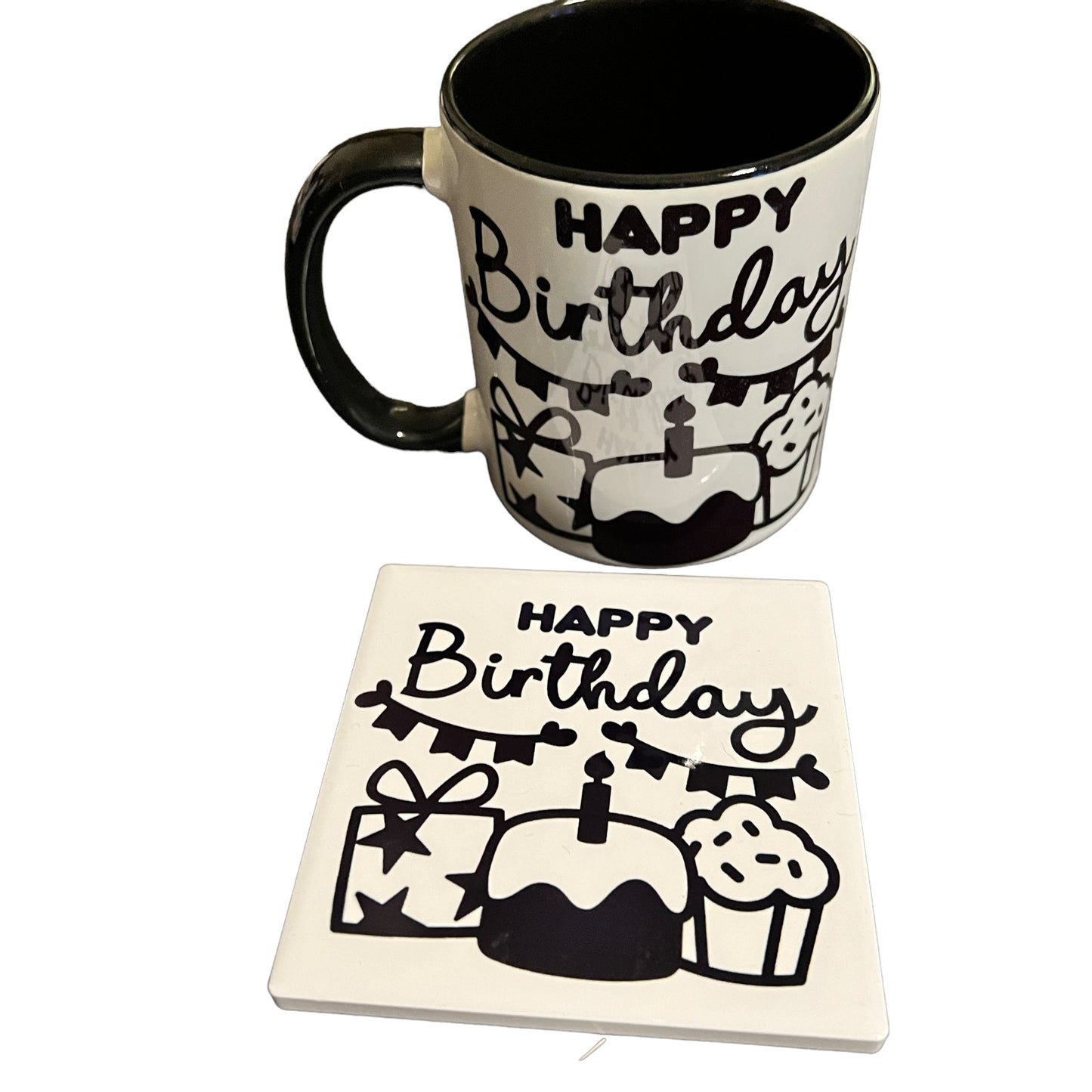 JenDore Happy Birthday 12 oz. Black and White Ceramic Mug and Coaster Set