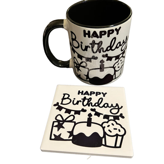 JenDore Happy Birthday 12 oz. Black and White Ceramic Mug and Coaster Set