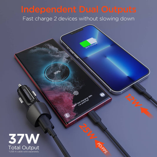 HyperGear SpeedBoost 37W Dual-Port Car Charger with 25W USB-C PD/PPS + 4ft USB-C Cable – Black