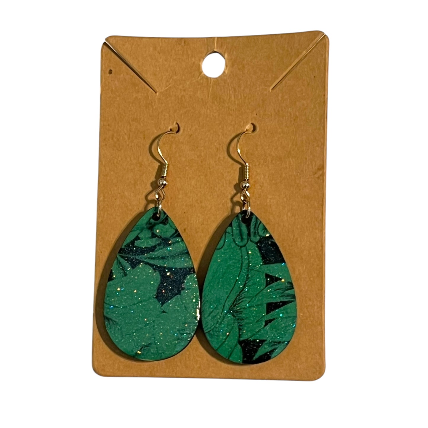 JenDore Green Black Floral Print Wooden TearDrop Earrings