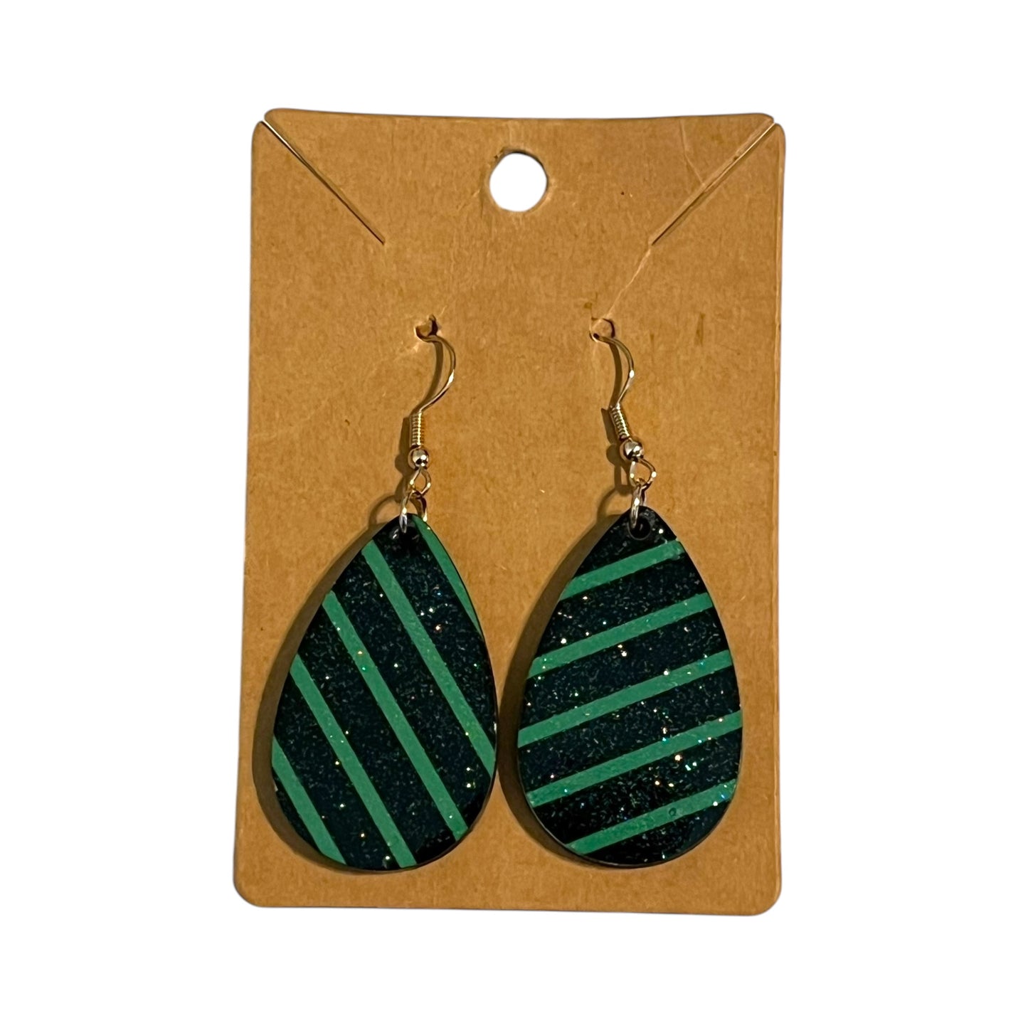 JenDore Lime Green Black Striped Print Wooden TearDrop Earrings