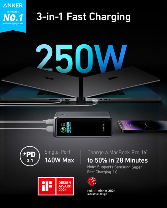 Anker Prime 27,650mAh 250W Power Bank with 100W Charging Base High-Power Portable Charger