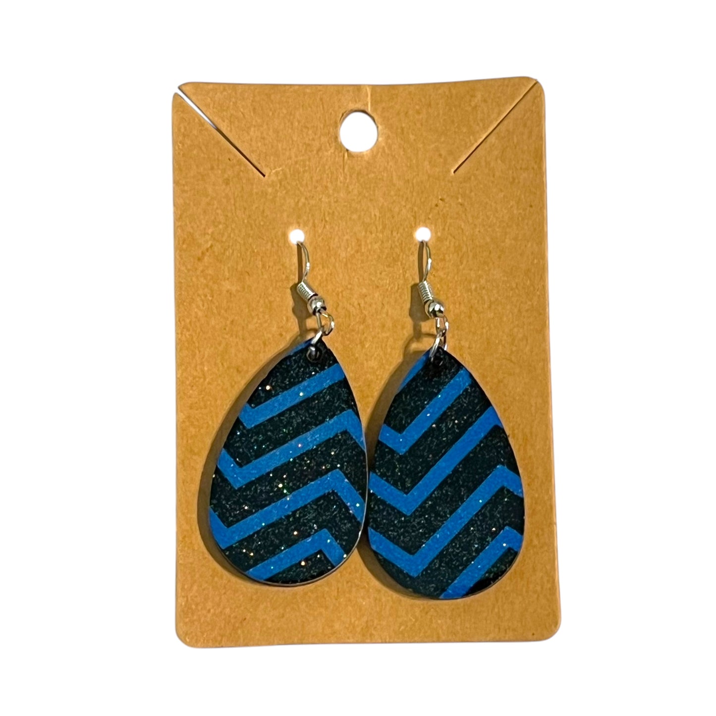 JenDore Blue Black Striped Print Wooden TearDrop Earrings