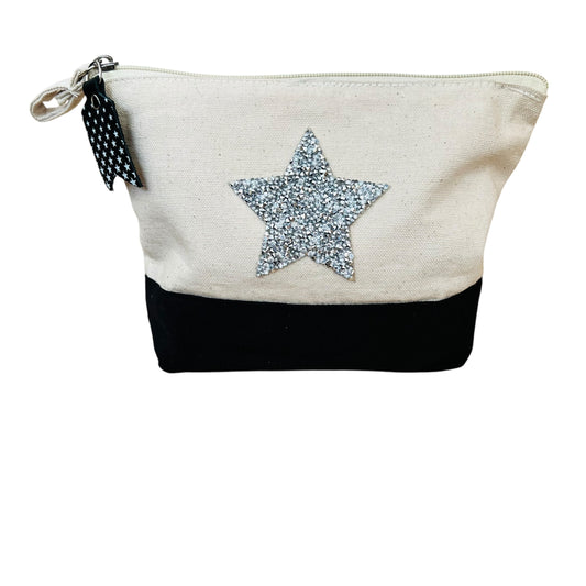 JenDore Handmade Natural & Black Pouch with Silver Bling Star & Leather Charm – 7x8.25x2” | Bold & Stylish Accessory