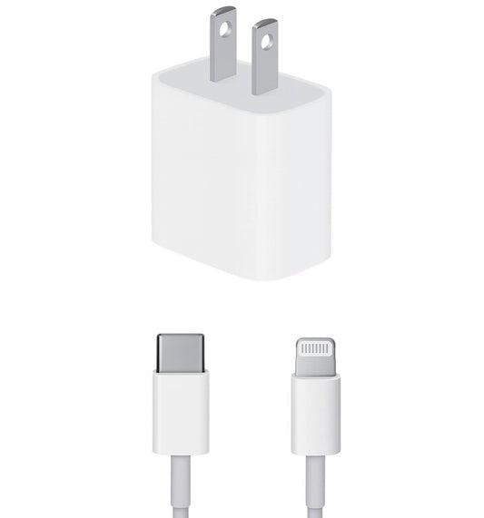White wall charger plug with two metal prongs above a matching white USB-C to Lightning cable on a plain white background.