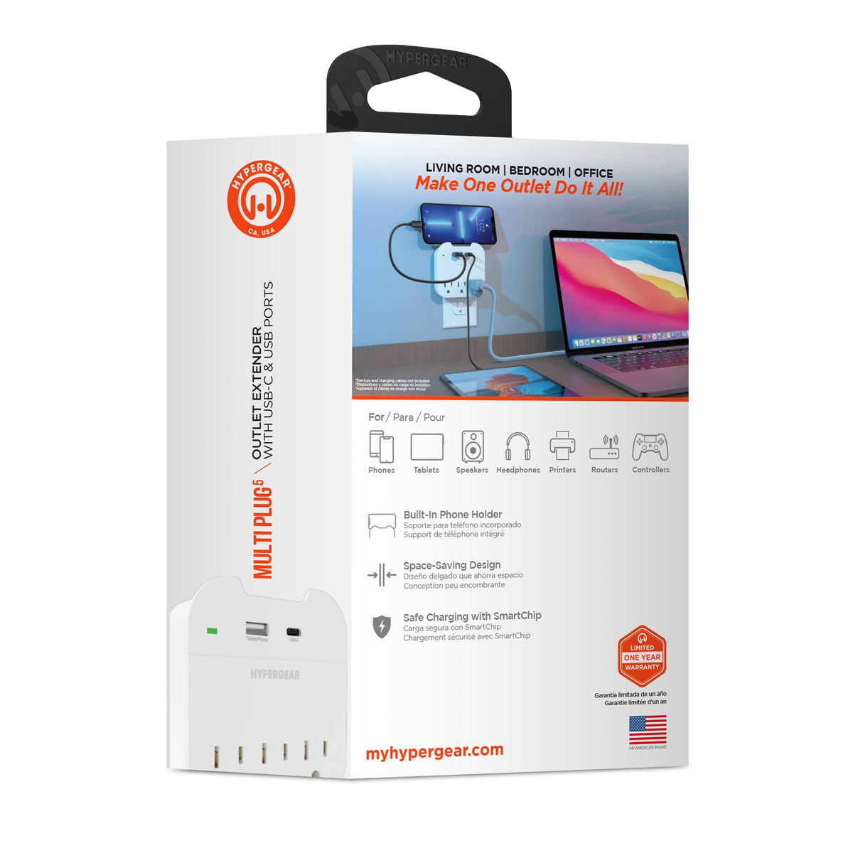 HyperGear Multi Plug 5-Device Wall Outlet Extender with USB-C & USB-A – White