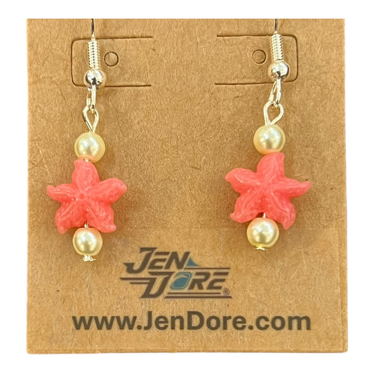 Starfish-shaped earrings with pearls on a JenDore branded card.