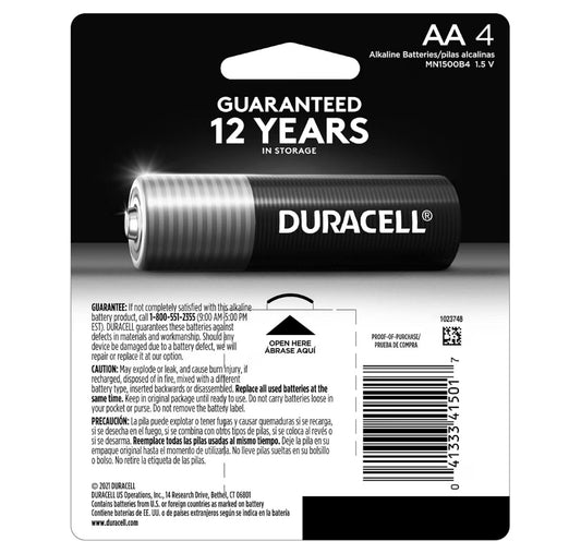 A Duracell AA alkaline battery in its original retail packaging, showing the front with 'GUARANTEED 12 YEARS IN STORAGE' and the back with barcode and handling instructions.