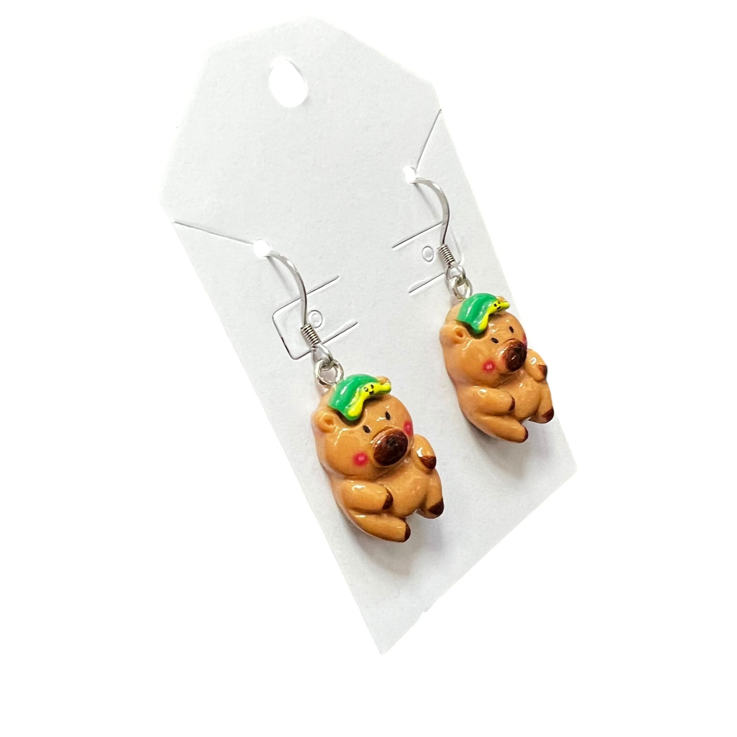 Handmade capybara earrings with hypoallergenic stainless steel hooks, lightweight dangle jewelry by JenDore.