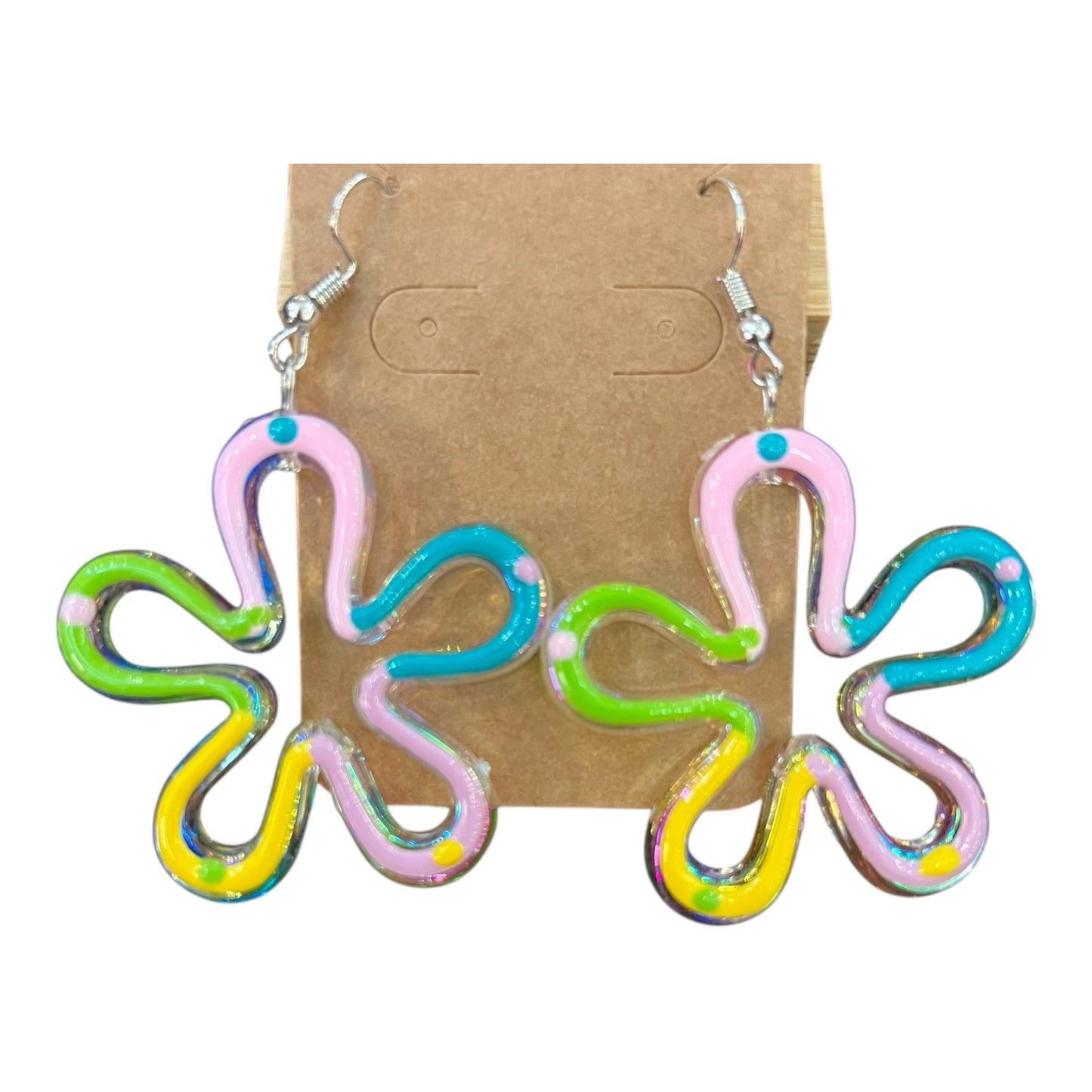 Close-up of JenDore colorful cartoon-style sky flower dangle earrings, showcasing vibrant handmade details and playful design.