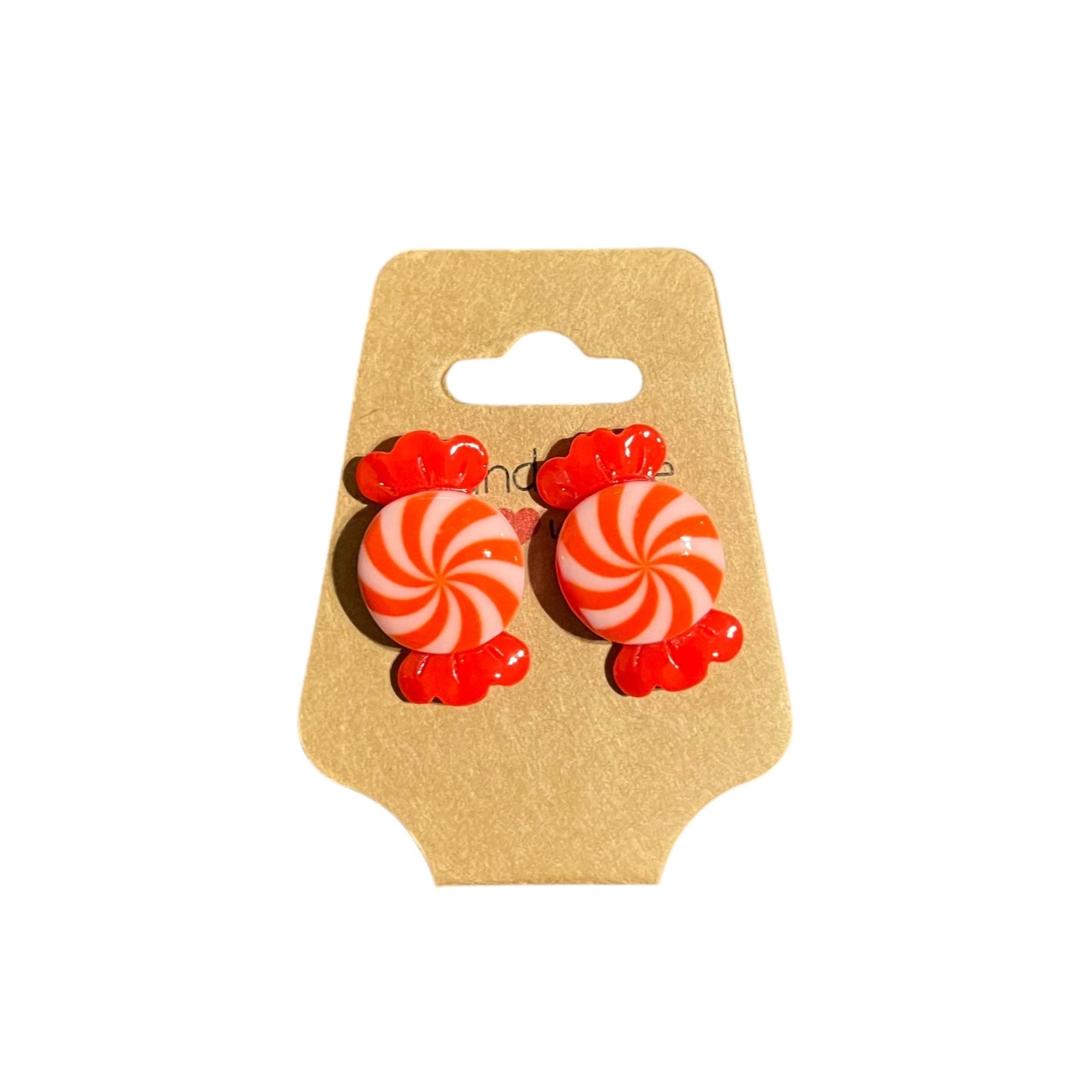 A pair of red and pink candy swirl stud earrings on a beige card backing.