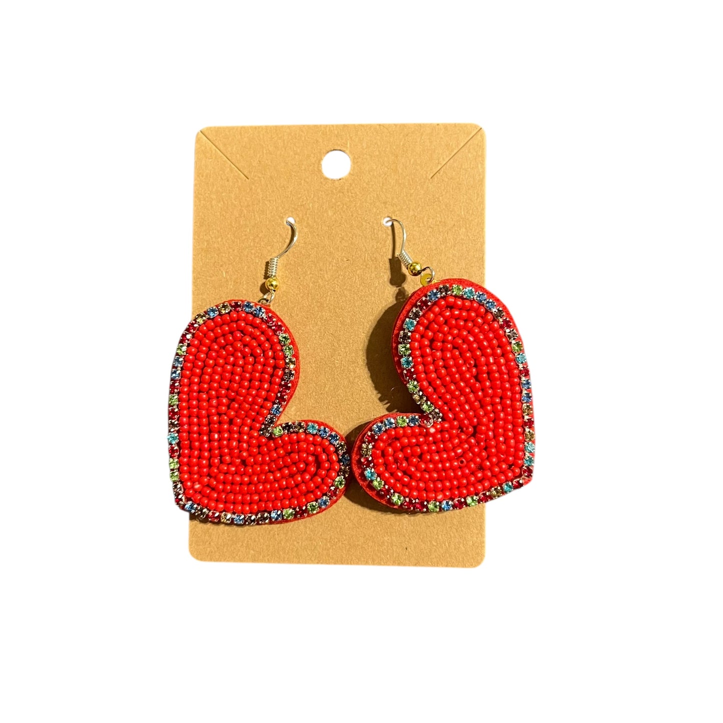 JenDore Red Heart Sparkle Trim Beaded Earrings