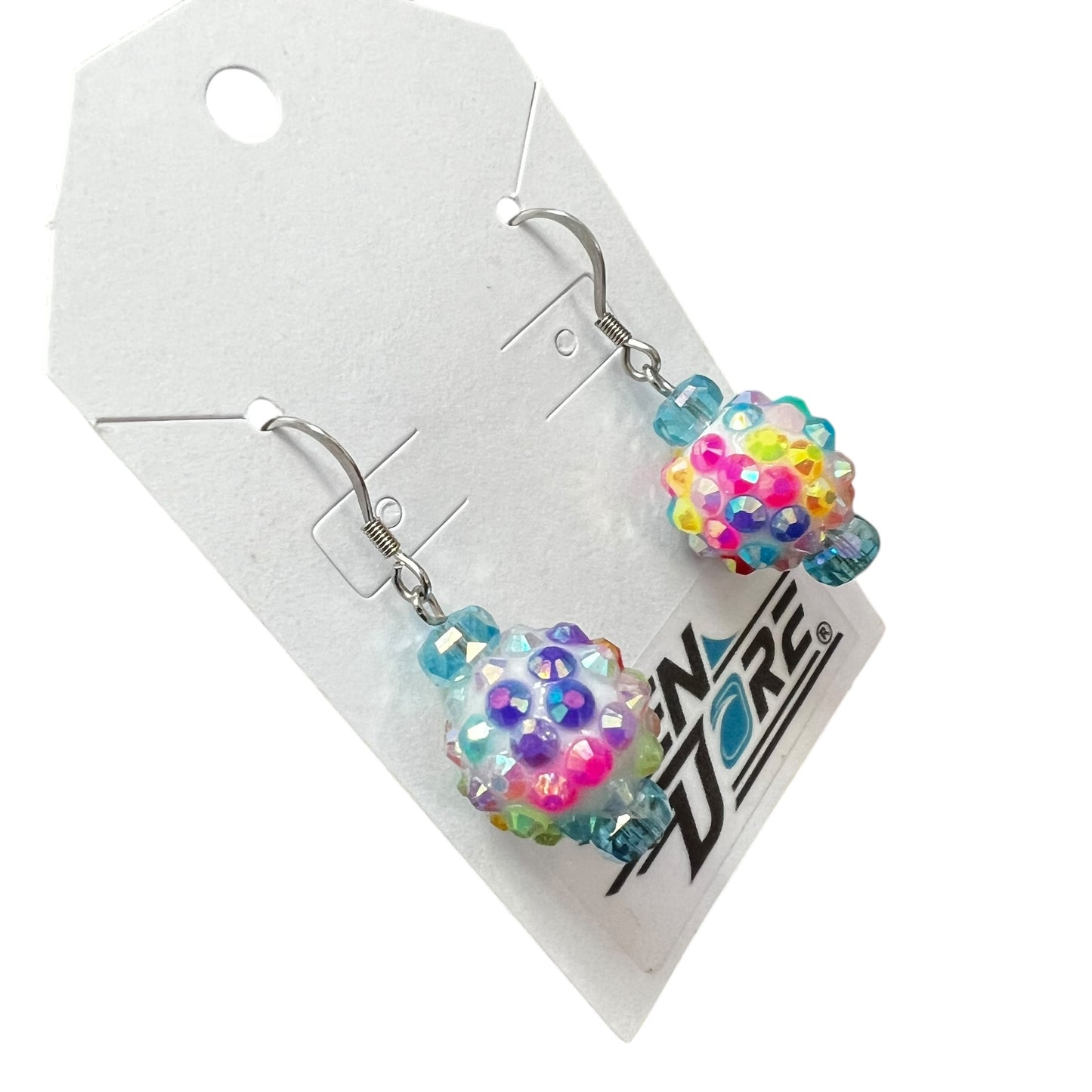 Handmade iridescent rainbow beaded cluster stainless steel earrings by JenDore, hypoallergenic lightweight jewelry