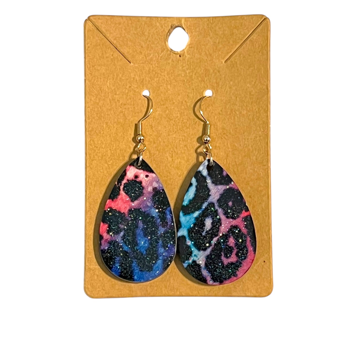 JenDore Pink Purple Leopard Print Wooden TearDrop Earrings