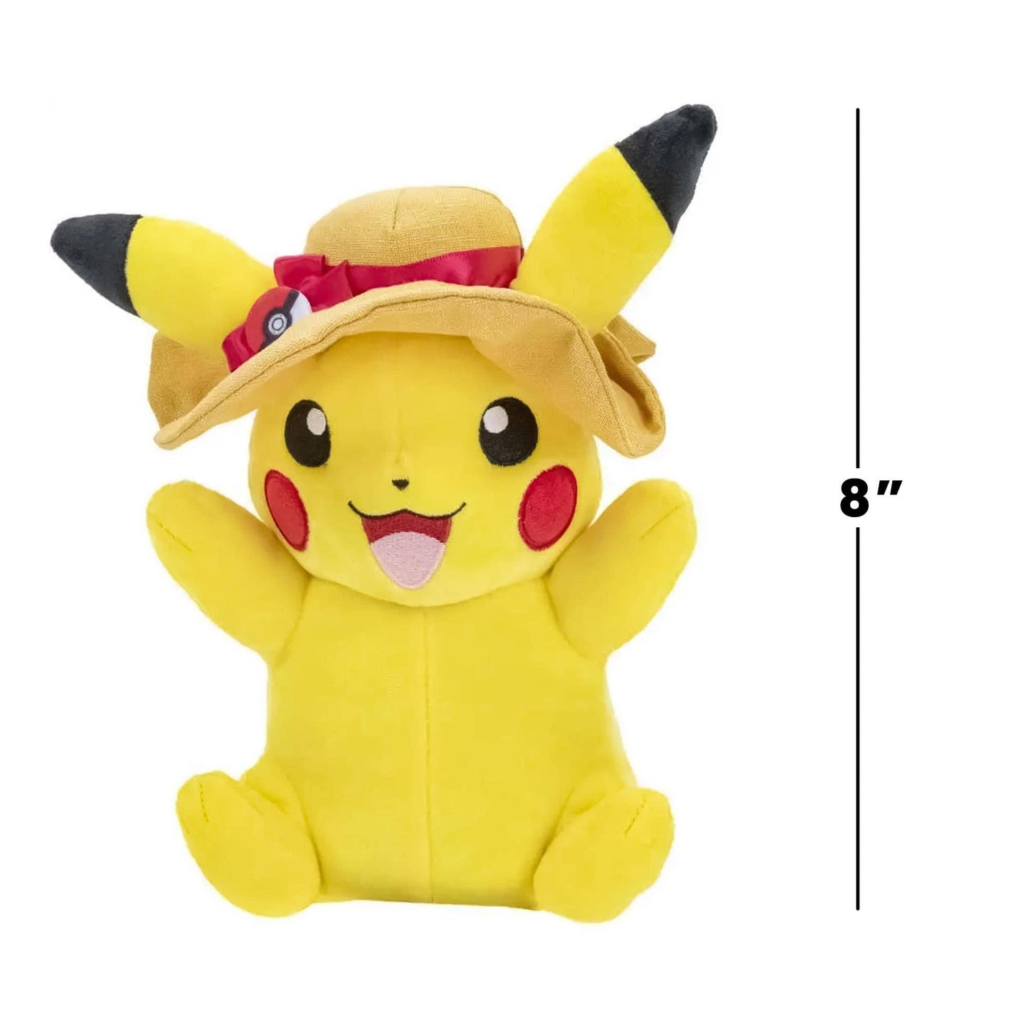 Plush toy of Pikachu wearing a hat with a measurement indicator on a white background