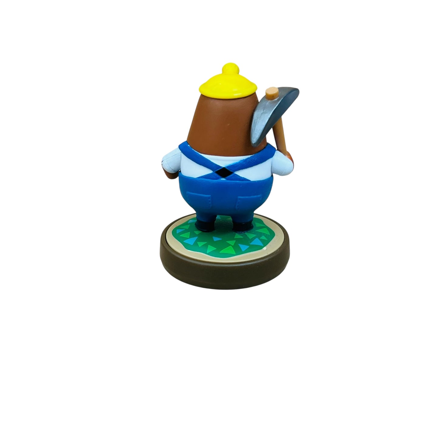 Animated character figurine with a yellow hat and blue outfit on a white background