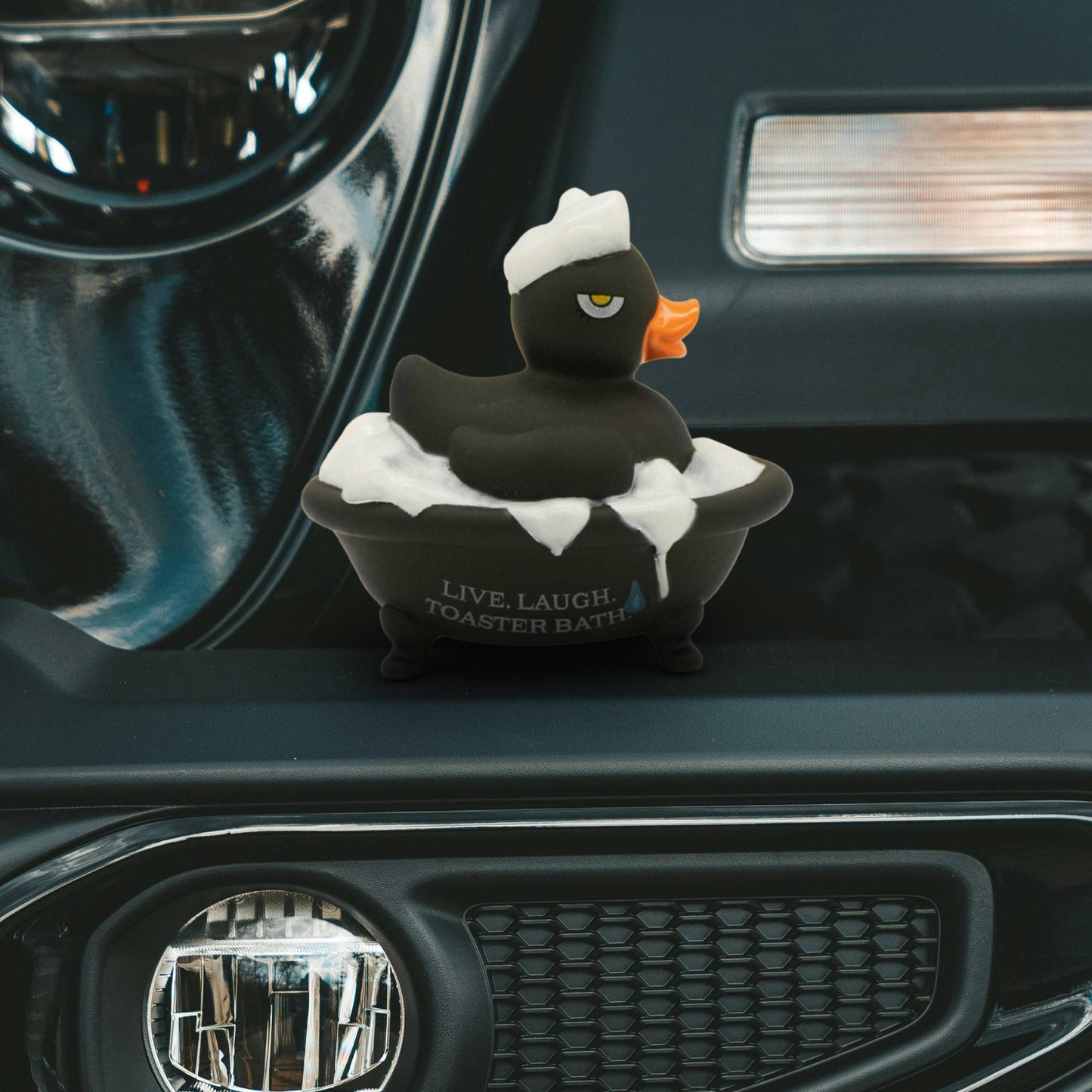 Plush toy duck in a bathtub with 'Live Laugh Toaster Bath' text on a car dashboard.