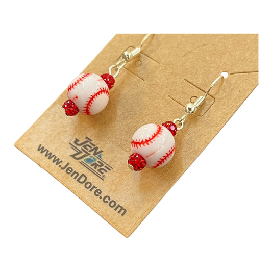Baseball-themed earrings on a JenDore branded card