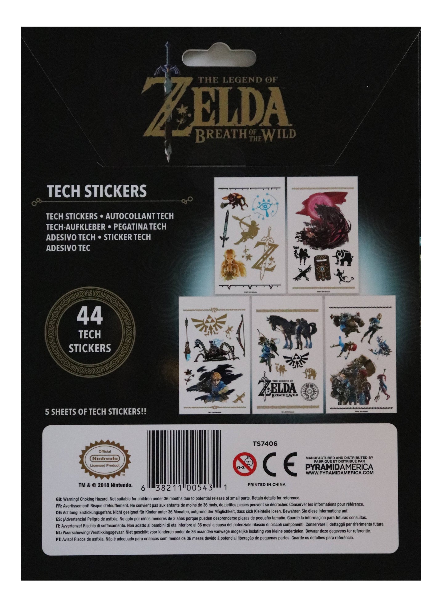 The Legend of Zelda Breathe the Wild Tech Stickers packaging, featuring 44 stickers on 5 sheets. The black backing card displays the official Nintendo branding and showcases several sample sticker designs including the Zelda logo, a sword, a bird, and a wolf.