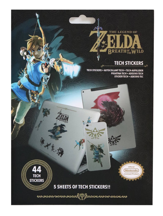 Nintendo The Legend of Zelda Breath of the Wild tech sticker pack in retail packaging, featuring illustrated character art and mockups of stickers applied to a laptop, tablet, and phone.