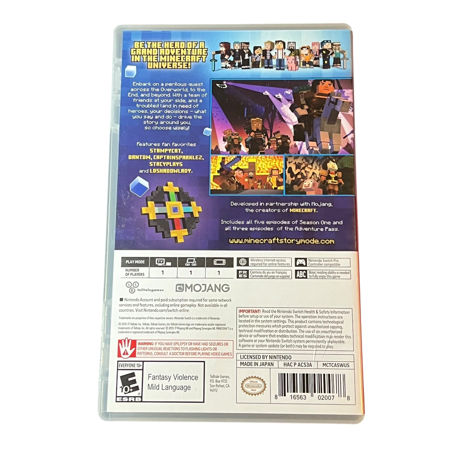 Used Minecraft Story Mode: The Complete Adventure Nintendo Switch game with original case, preowned and tested, available from JenDore in Norfolk, VA.