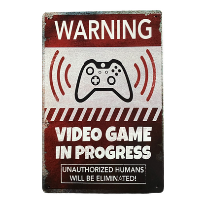 JenDore 12x8 Warning Video Game in Progress Metal Tin Poster Wall Art Gaming Sign