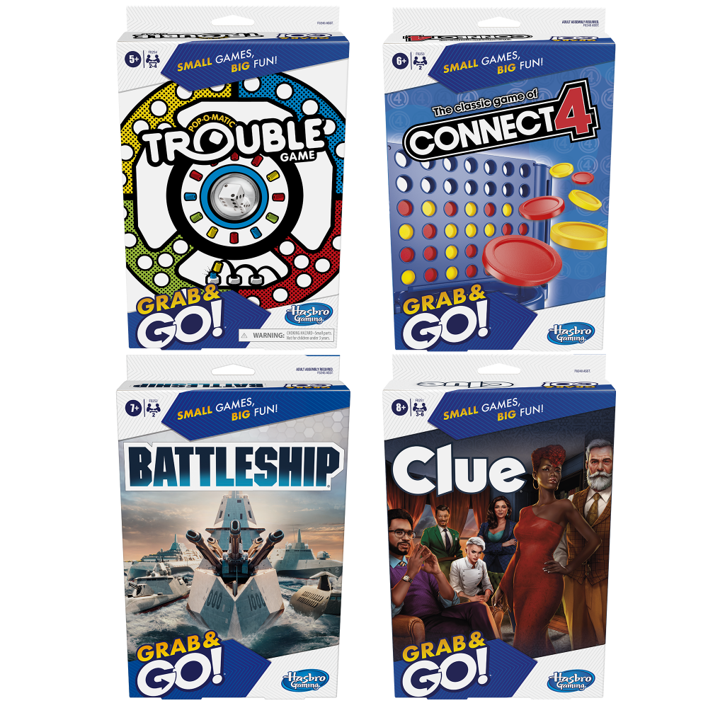 Four boxed board games arranged in a 2x2 grid on a white background: Trouble Game Grab & Go!, Connect 4 Grab & Go!, Battleship Grab & Go!, and Clue Grab & Go!. Each package shows the Hasbro logo and the phrase 'Small Games, Big Fun!'.