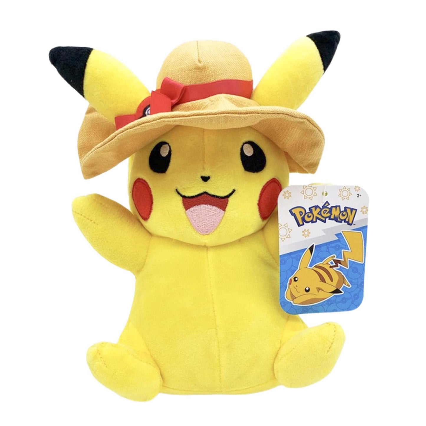 Plush toy of Pikachu wearing a sun hat with a Pokémon tag on a white background