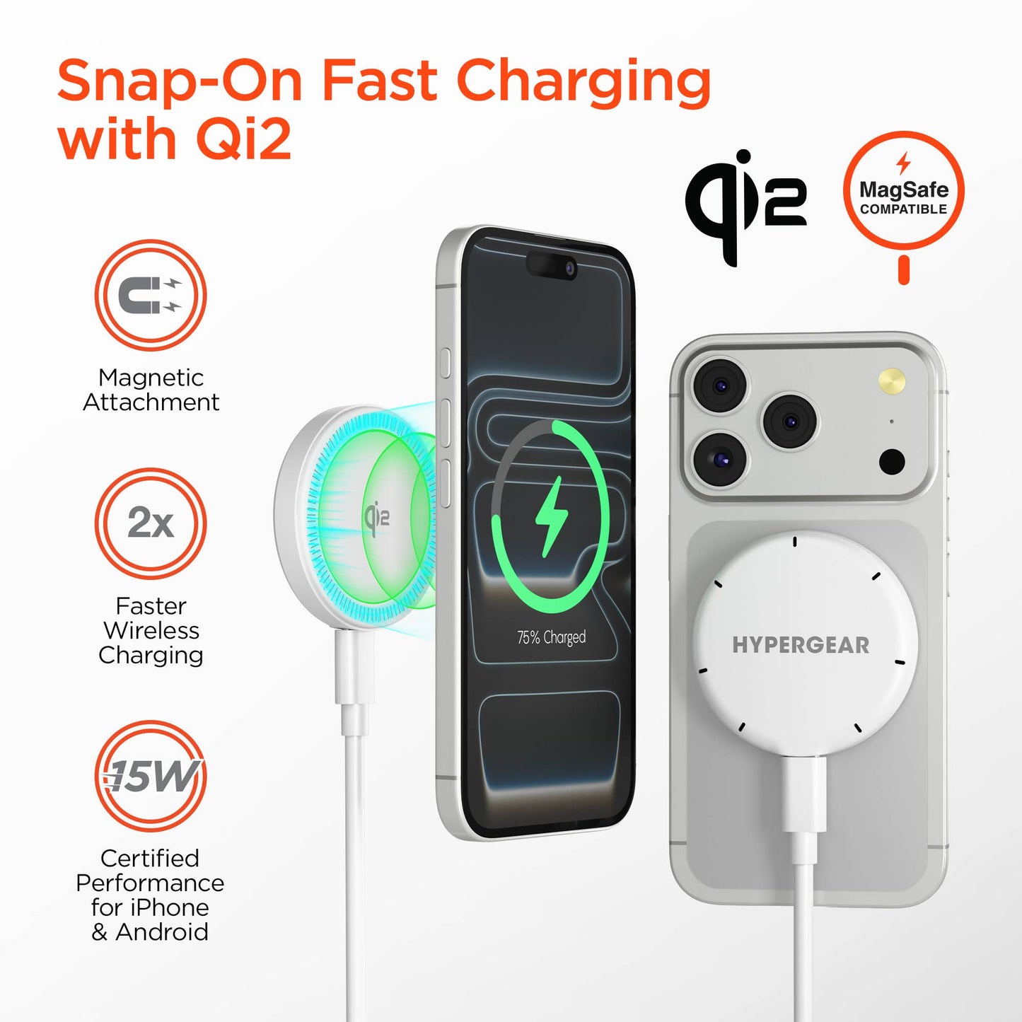 HyperGear MaxCharge 15W Qi2 Magnetic Wireless Fast Charger with 6ft USB-C Cable