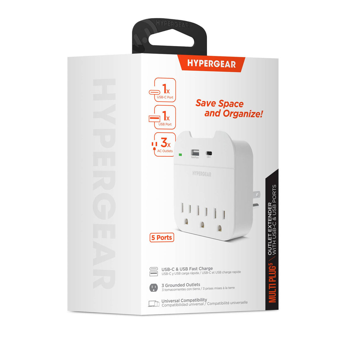 HyperGear Multi Plug 5-Device Wall Outlet Extender with USB-C & USB-A – White