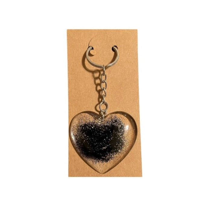 Handmade black sparkle keychain with shimmering love glam hearts design by JenDore