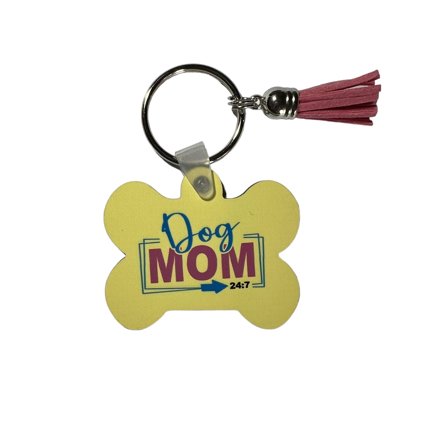 JenDore Dog Mom 24:7 Handcrafted Yellow Blue Pink Bone-Shaped Keychain: A Tribute to Fur-ever Love