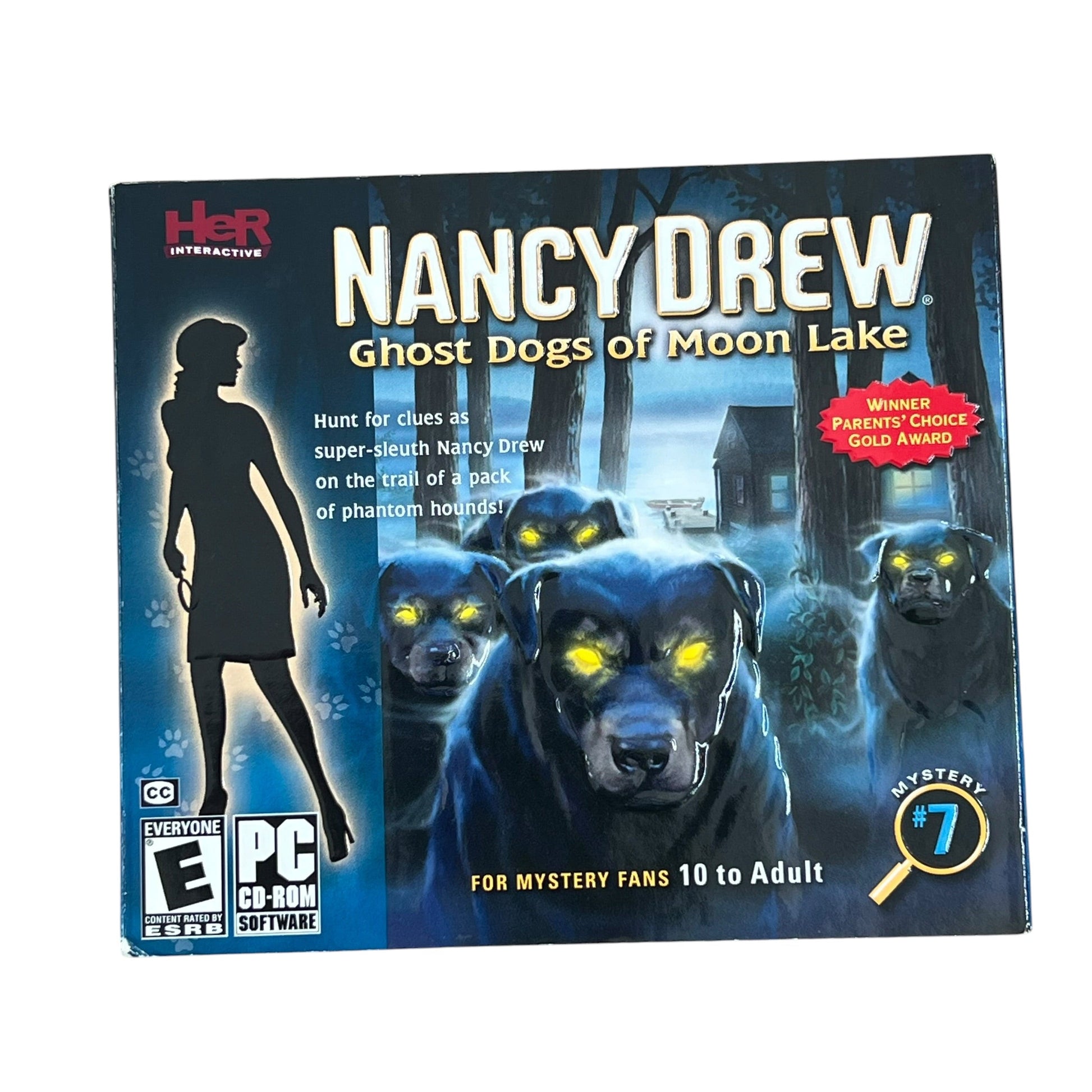 Nancy Drew Ghost Dogs of Moon Lake board game box by LARP Games, featuring a dark blue and black illustrated cover with a silhouette of Nancy Drew and glowing dog heads.