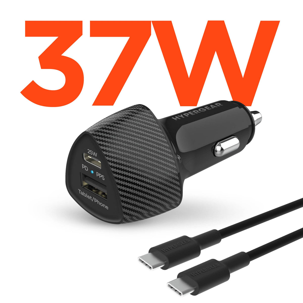 HyperGear SpeedBoost 37W Dual-Port Car Charger with 25W USB-C PD/PPS + 4ft USB-C Cable – Black