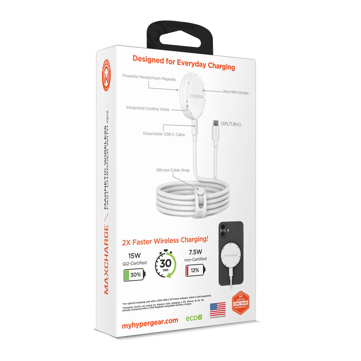 HyperGear MaxCharge 15W Qi2 Magnetic Wireless Fast Charger with 6ft USB-C Cable