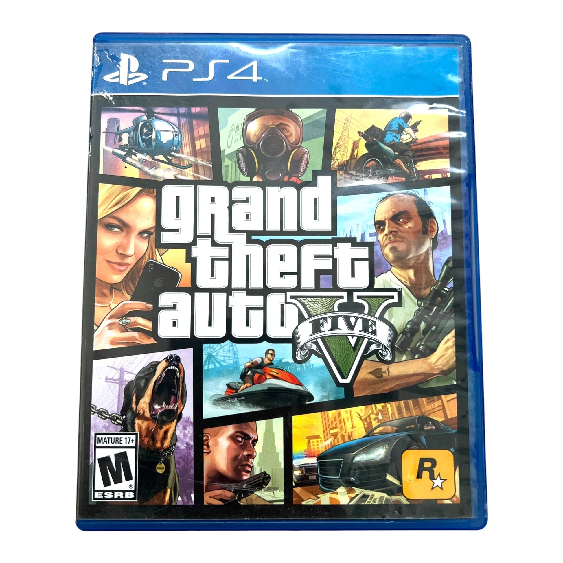 Grand Theft Auto V PlayStation 4 game case, featuring the PlayStation 4 brand logo on the right side and the PlayStation R30 icon in the bottom-left corner, set against a plain white background.
