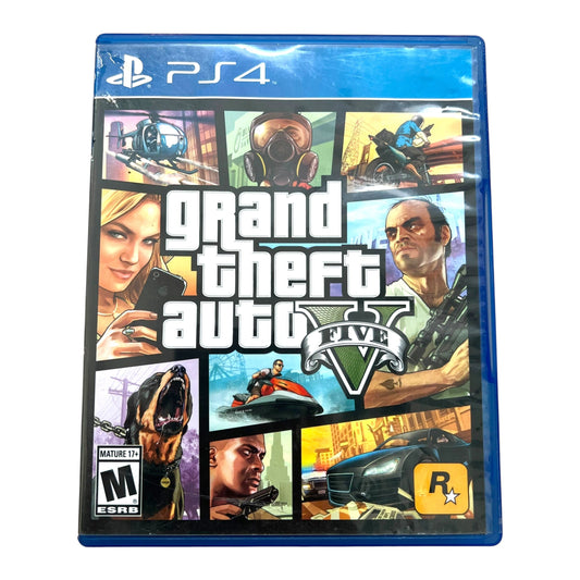 Grand Theft Auto V PlayStation 4 game case, featuring the PlayStation 4 brand logo on the right side and the PlayStation R30 icon in the bottom-left corner, set against a plain white background.