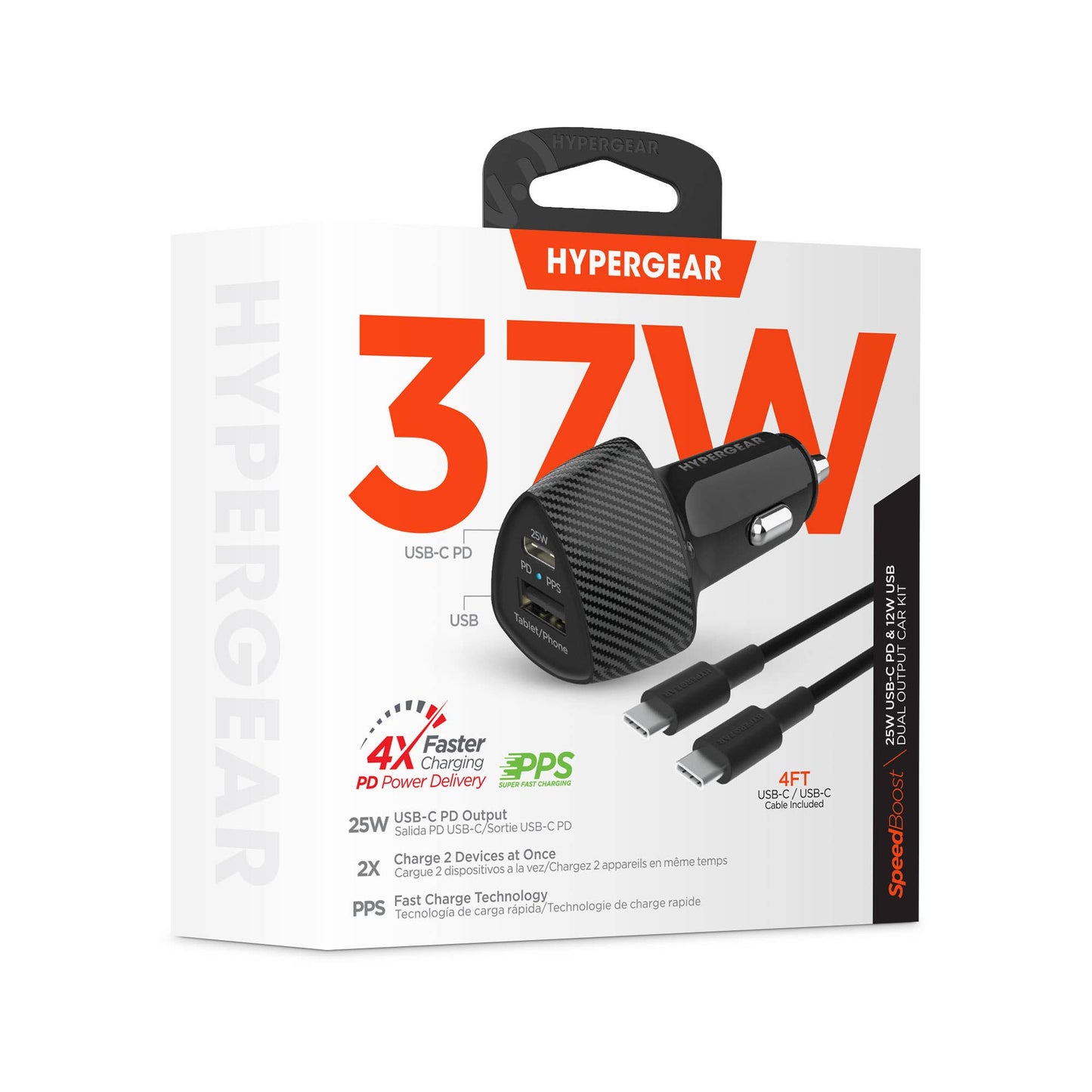 HyperGear SpeedBoost 37W Dual-Port Car Charger with 25W USB-C PD/PPS + 4ft USB-C Cable – Black