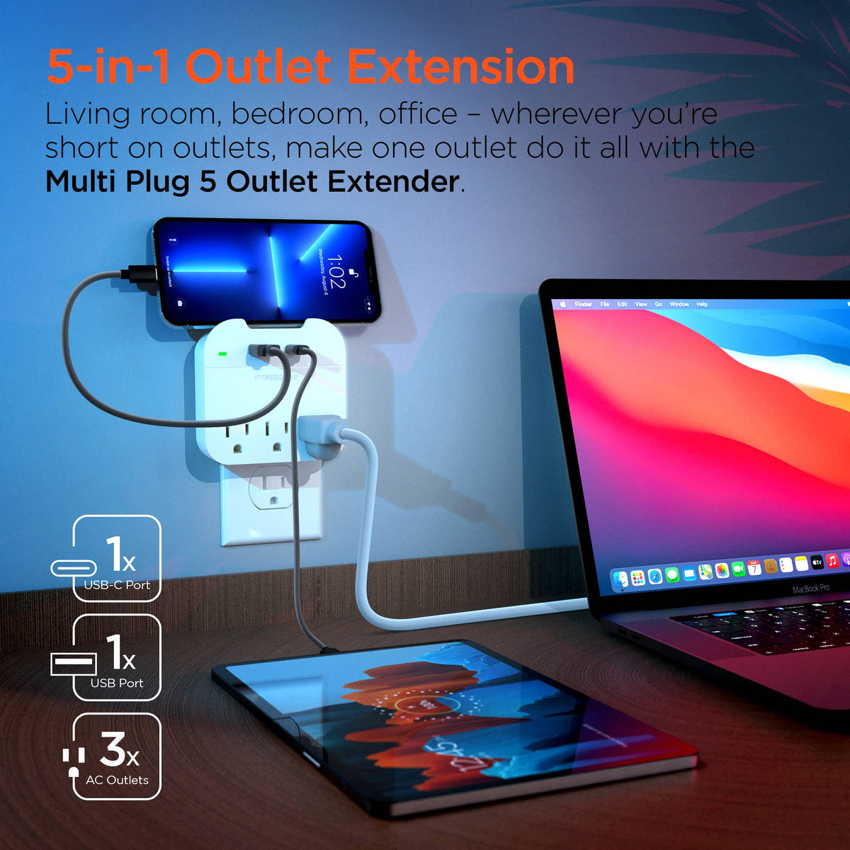 HyperGear Multi Plug 5-Device Wall Outlet Extender with USB-C & USB-A – White