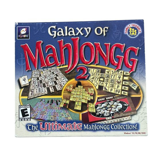 Galaxy of Mahjongg: The Ultimate Mahjongg Collection board game box, featuring a blue cover with large red and white title text and game graphics.