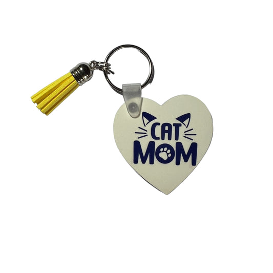 JenDore Purrfect Love Handcrafted Heart-Shaped Blue Yellow Cat Mom Keychain