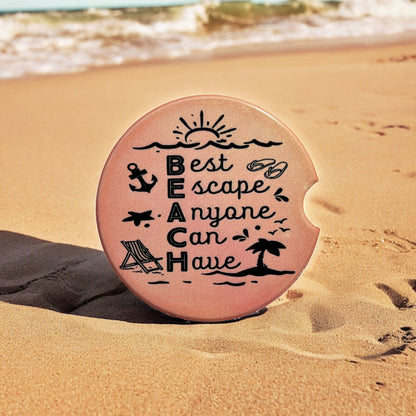 JenDore " Beach : Best Escape Anyone Can Have " Pink Orange Sunset Square Handmade Ceramic Car Coaster