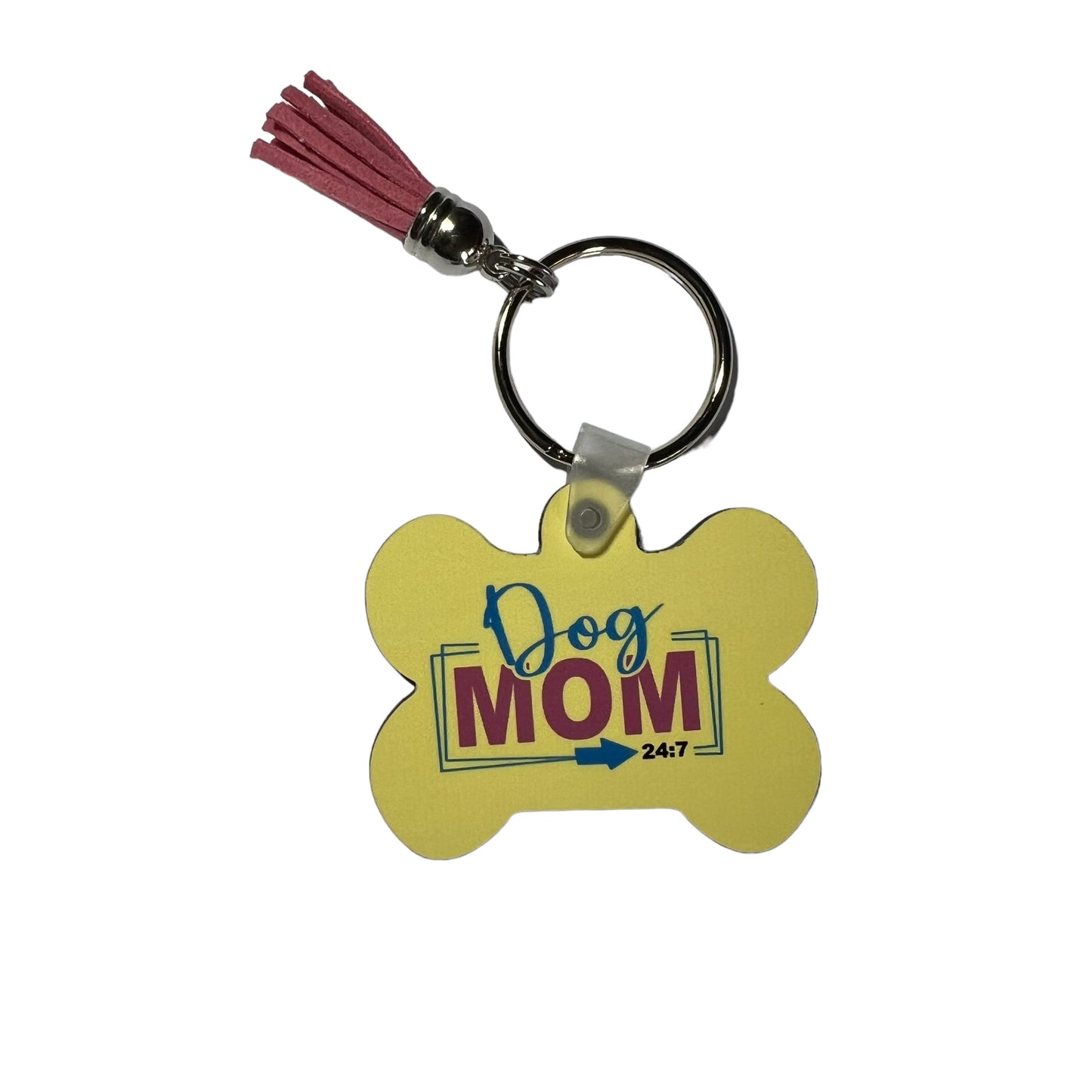 JenDore Dog Mom 24:7 Handcrafted Yellow Blue Pink Bone-Shaped Keychain: A Tribute to Fur-ever Love