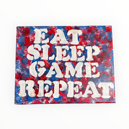 JenDore Hecho a mano Pintado a mano "Eat Sleep Game Repetir" 8x10 Azul Rojo Lienzo Arte de la pared Video de juegos
 Decoración de letreros de juego