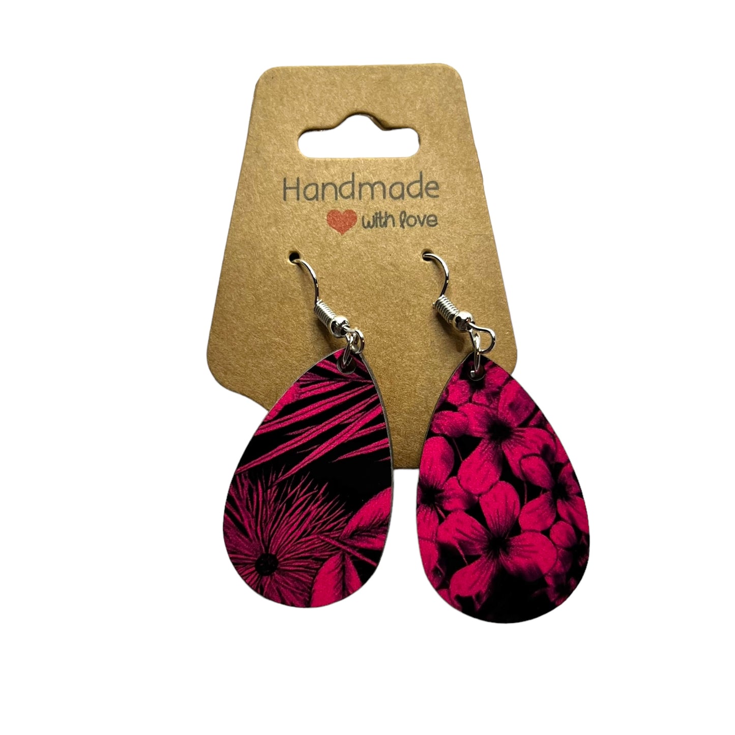 JenDore Hot Pink Black Floral Print Wooden TearDrop Earrings