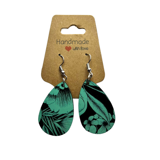 JenDore Green Black Floral Print Wooden TearDrop Earrings
