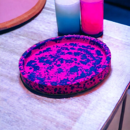 JenDore Bandeja de tocador circular de cerámica hecha a mano con salpicaduras de color rosa y azul intenso