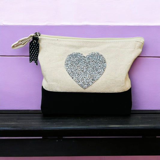 JenDore Handmade Natural & Black Pouch with Silver Bling Heart & Leather Charm – 7x8.25x2” | Bold & Stylish Accessory