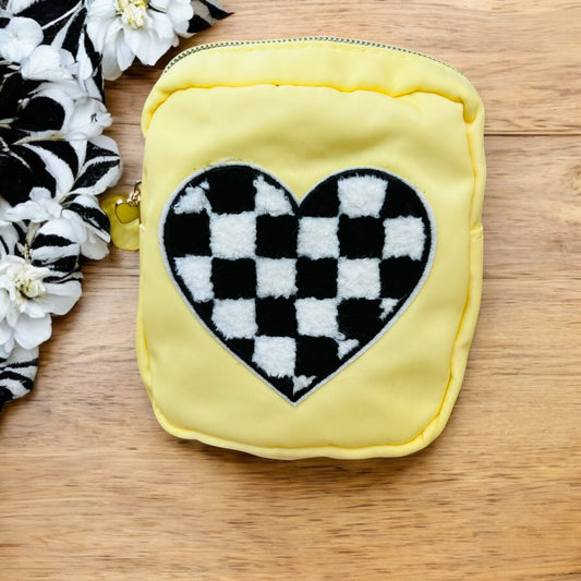 JenDore Yellow Checkered Mini Waterproof Nylon Zipper Pouch – Small Travel Bag with Heart Patch (5.1”L x 4.7”W x 2”H)